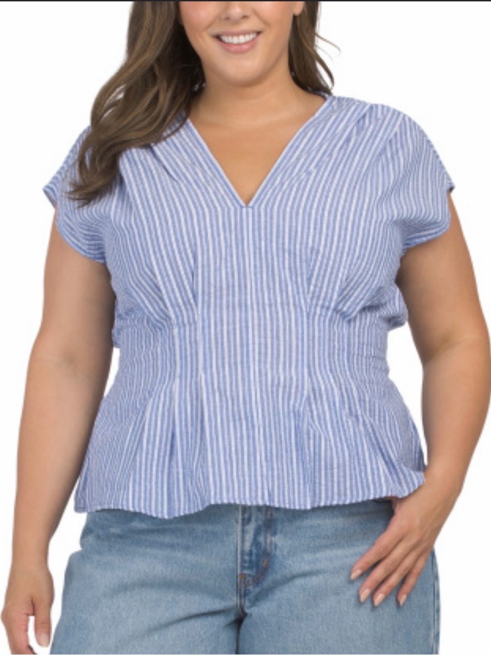 NWT Max Studio Striped Blue V-Neck Peplum Top Size XL Retail $128